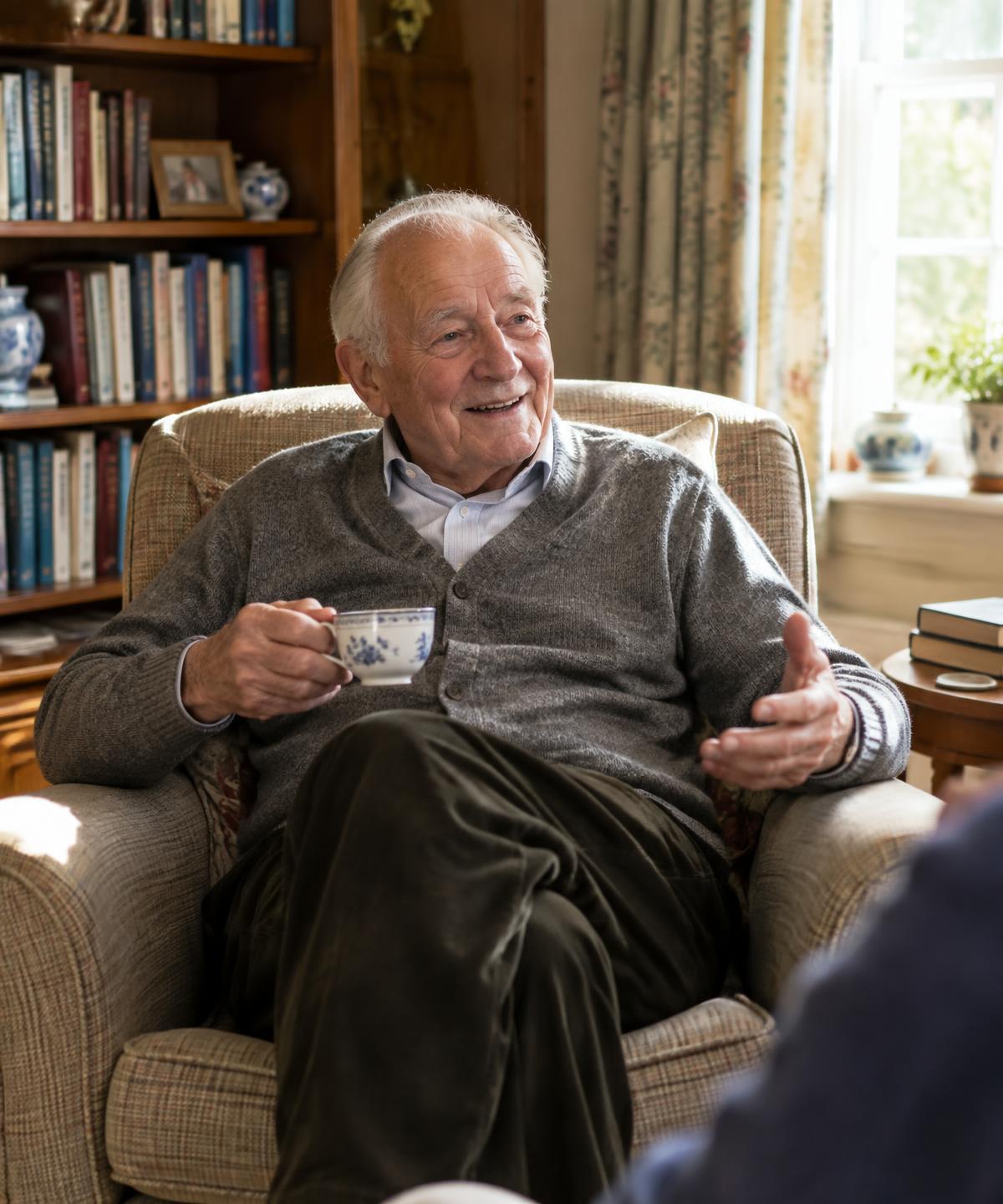 An older man relaxing in his armchair at home, smiling during a conversation