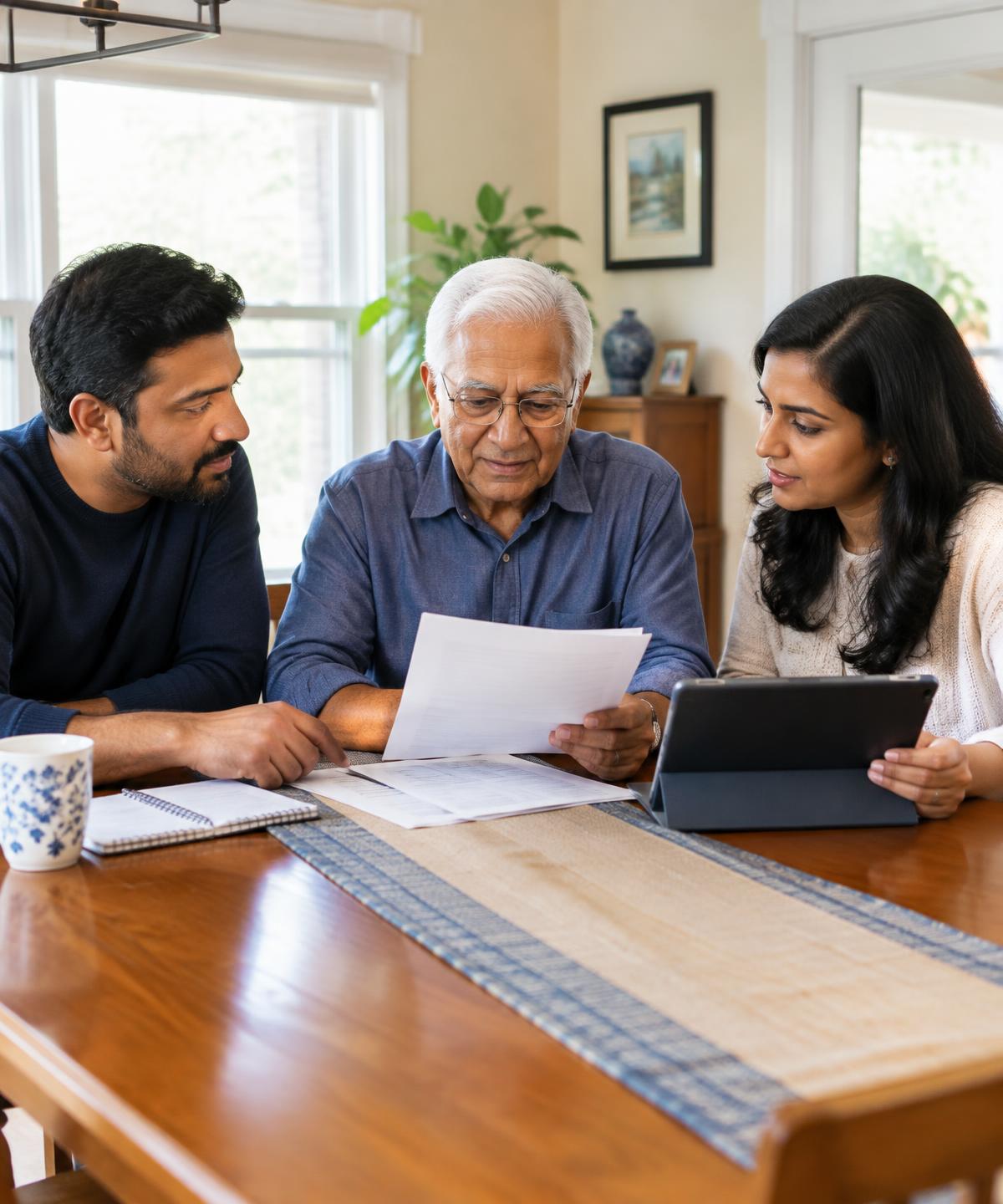 A senior father reviewing papers with his adult son and daughter at the dining table