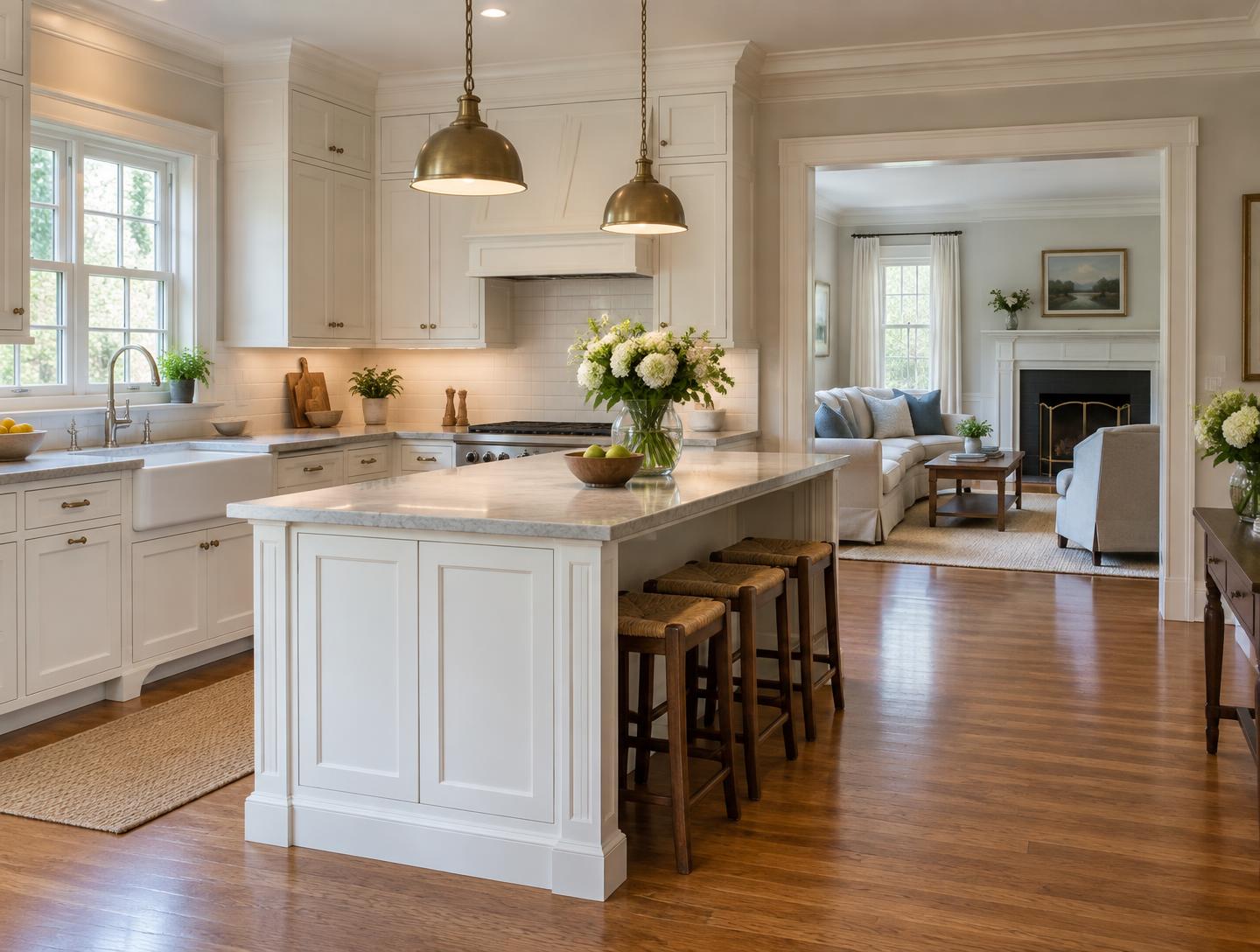 A bright, prepared kitchen and living room in a traditional Colonial home