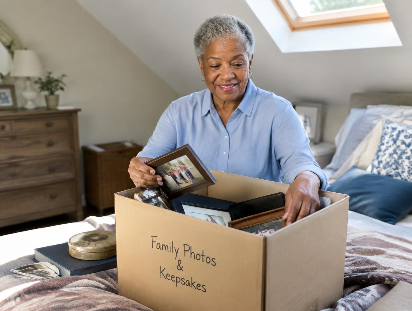 An older woman sorting framed family photos into a moving box